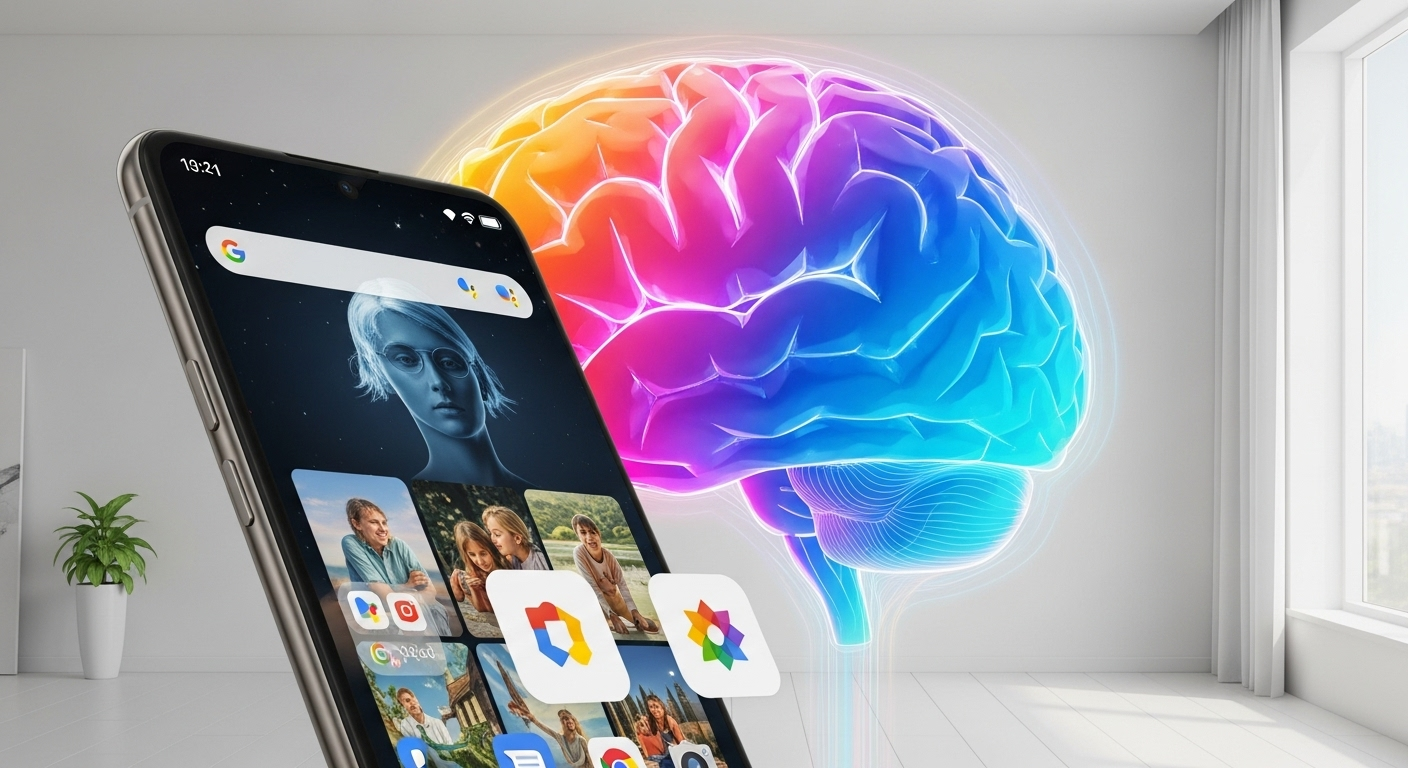 Interface do Android 16 em um smartphone Pixel com IA no Google Fotos.