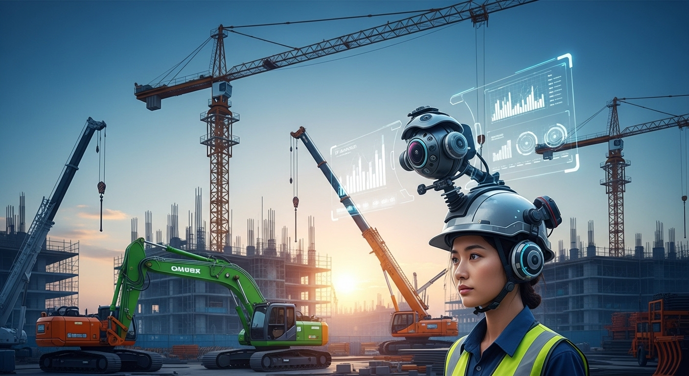 Imagem de um canteiro de obras moderno com um engenheiro usando um capacete com uma câmera 360º acoplada. Sobreposições digitais e gráficos de análise de dados devem emanar da câmera ou do ambiente, simbolizando a coleta e processamento de informações por IA. Cores vibrantes e um tom futurista.