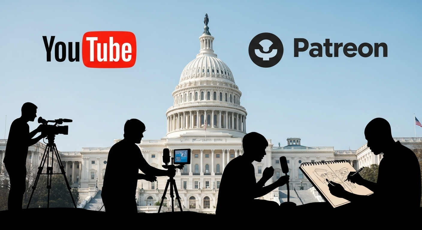 Creator Caucus no Congresso com logos do YouTube e Patreon sobrepostos em imagem do Capitólio.