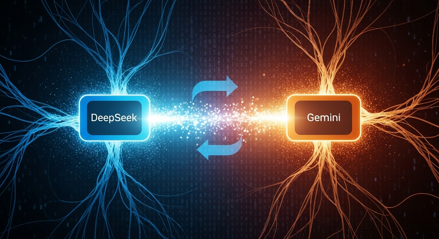 Ilustração abstrata da relação controversa entre DeepSeek R1 e Gemini do Google