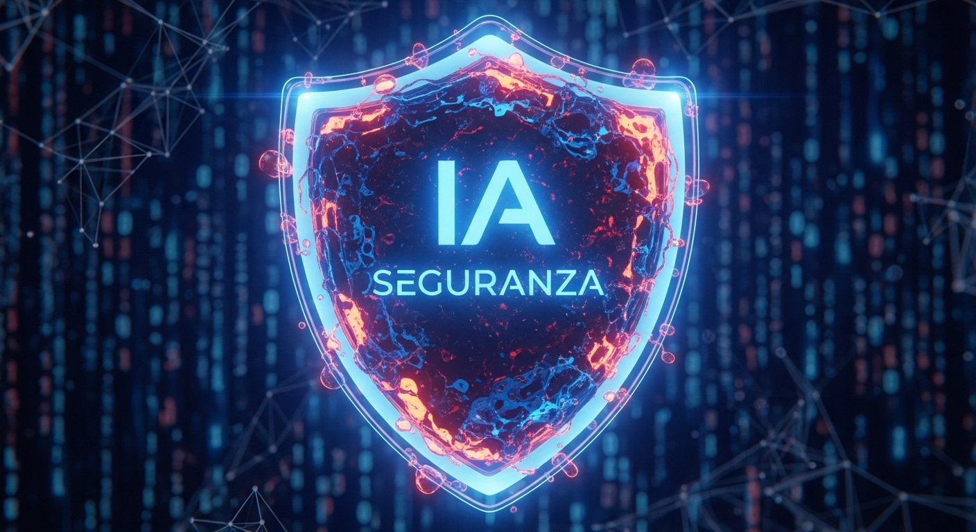 Imagem conceitual de um escudo digital futurista com as siglas 'IA' e 'Segurança' em destaque, sobre um fundo de códigos binários e conexões de rede, simbolizando proteção avançada no ciberespaço.