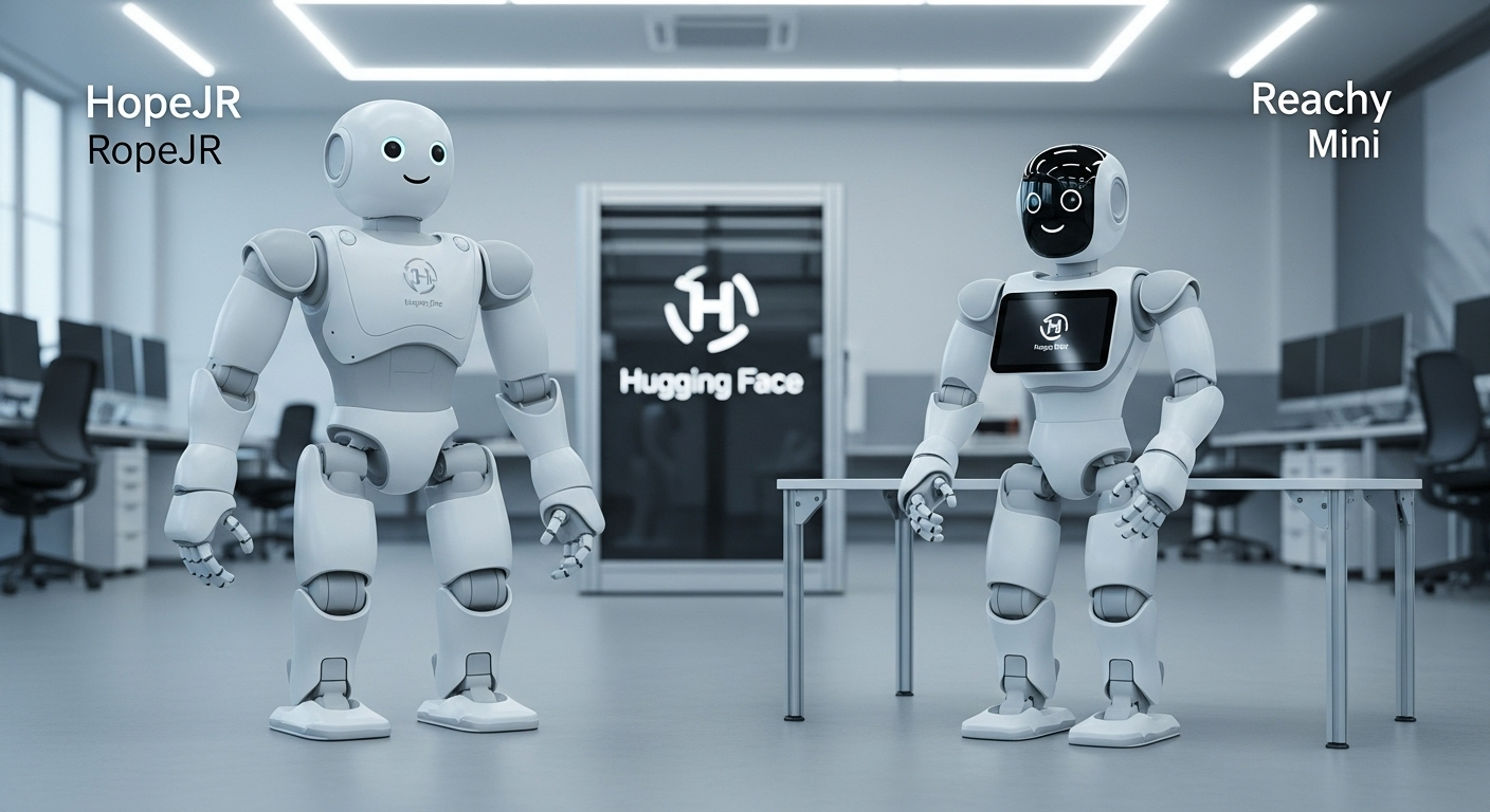 Robôs Humanoides HopeJR e Reachy Mini da Hugging Face em ambiente tecnológico