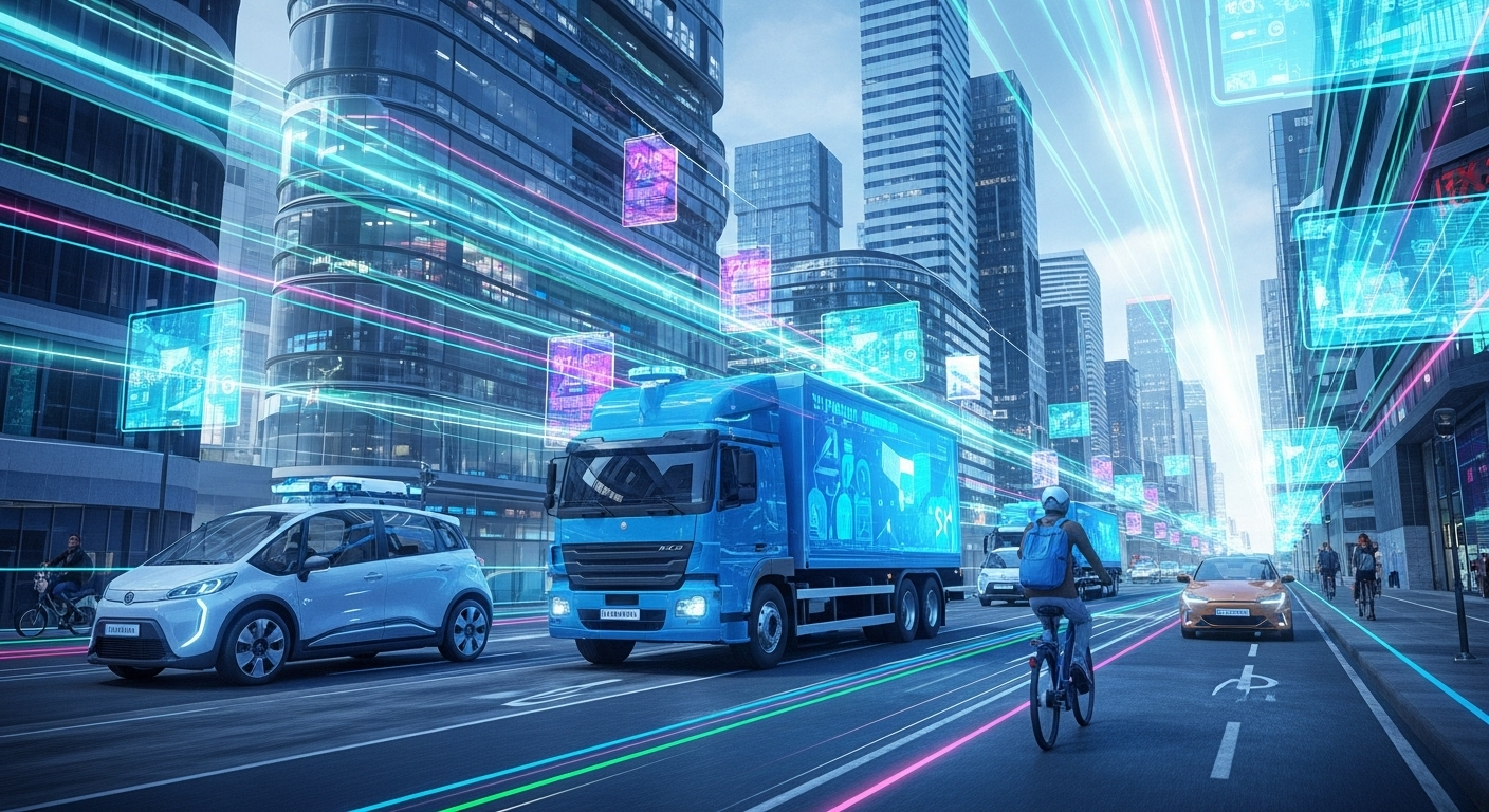 Imagem futurista de uma cidade com diversos modais de transporte conectados por IA