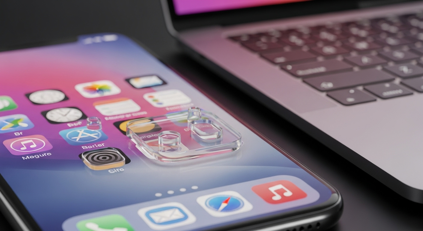 Interface Liquid Glass da Apple em iPhone e MacBook
