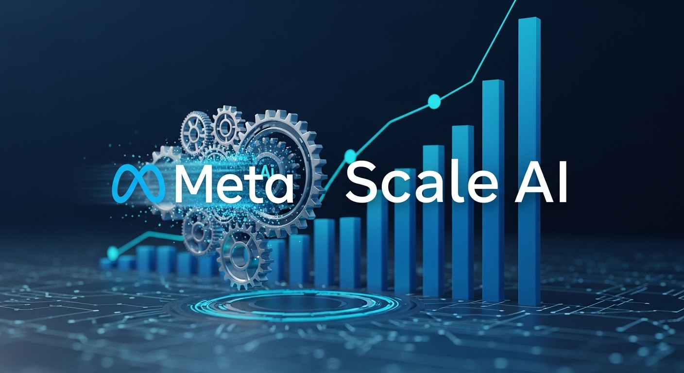 Uma imagem conceitual mostrando o logo da Meta se fundindo com engrenagens de inteligência artificial e o nome 'Scale AI' em destaque, com um gráfico de crescimento ao fundo, simbolizando investimento e futuro. Tons azuis e tecnológicos.