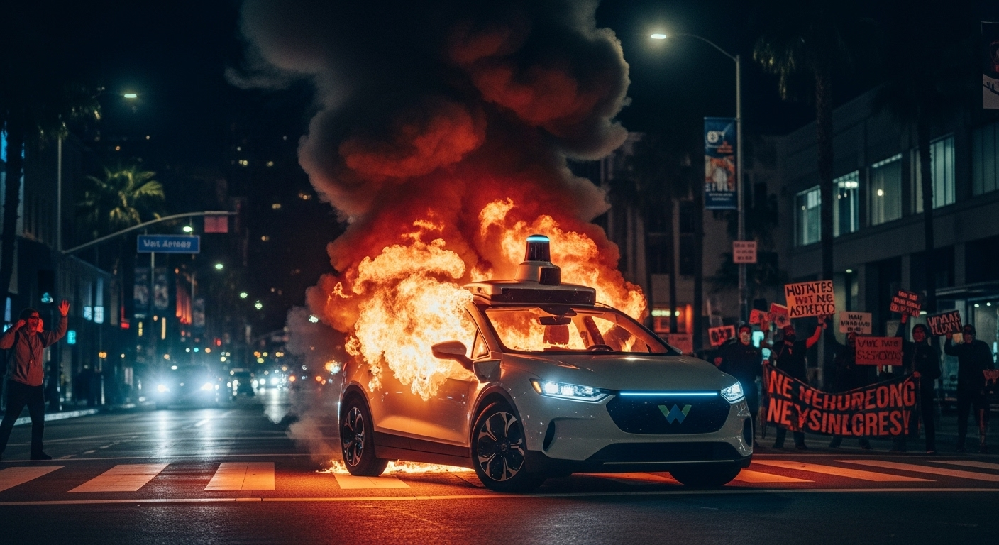 Robotáxi da Waymo em chamas durante protestos em Los Angeles