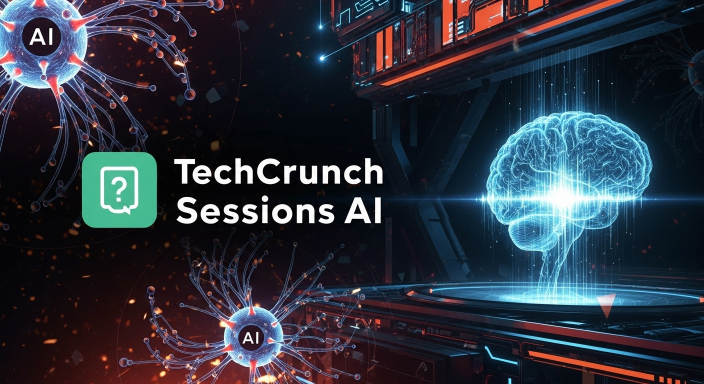 Quiz de IA TechCrunch com elementos futuristas e logo do evento