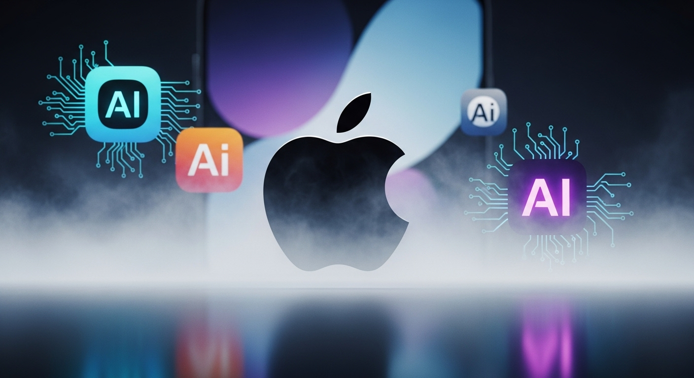 Uma imagem conceitual com o logo da Apple em primeiro plano, parcialmente encoberto por uma névoa estilizada que representa incerteza. Ao fundo, elementos gráficos sutis do design 'liquid glass' do iOS 26 e ícones de inteligência artificial, criando um contraste entre inovação e os desafios futuros.