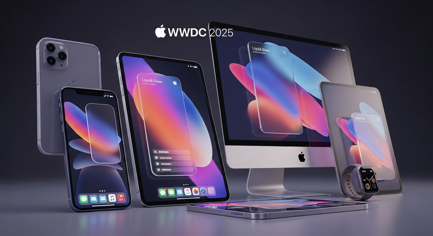 Imagem conceitual da interface 'Liquid Glass' da Apple em múltiplos dispositivos